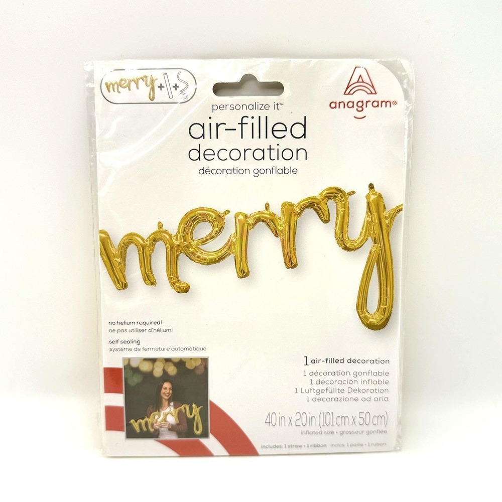 Anagram Merry‎ Air-Filled Gold Balloon Decoration 40"x20" Christmas Party NWT